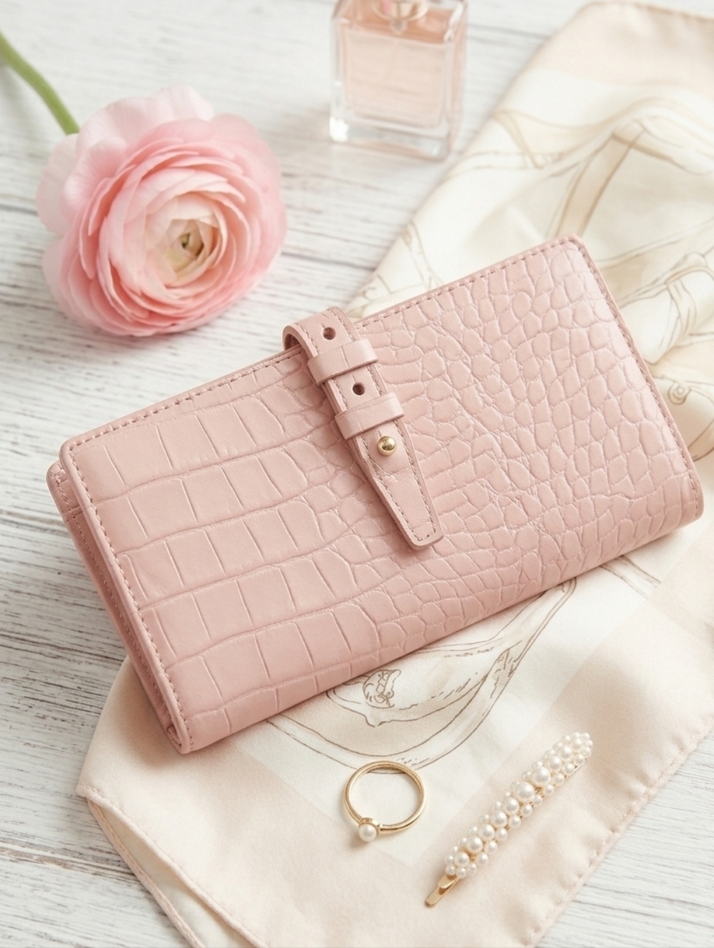 Love & Lore Pink Croc Embossed Continental Clutch Wallet Vegan Faux Leather